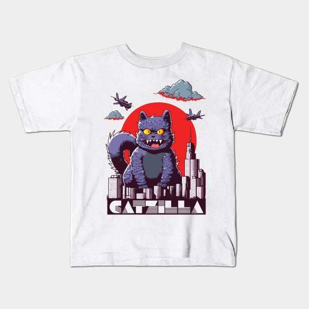 Catzilla Funny Cat Kids T-Shirt by vectrus